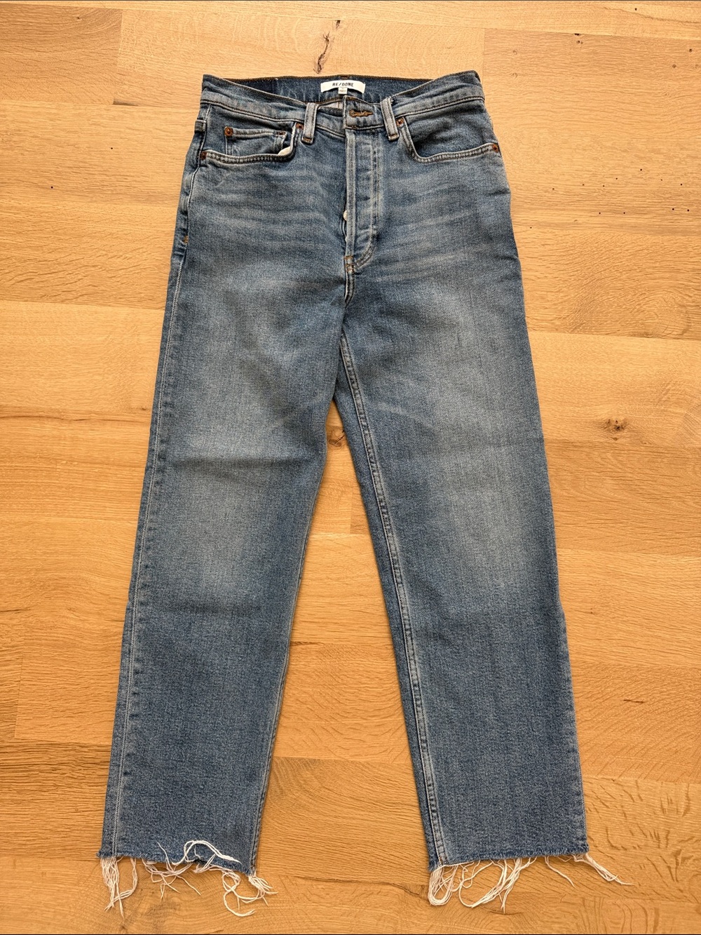 Re/Done Women’s Mid Wash Straight Jeans with Raw Hem
